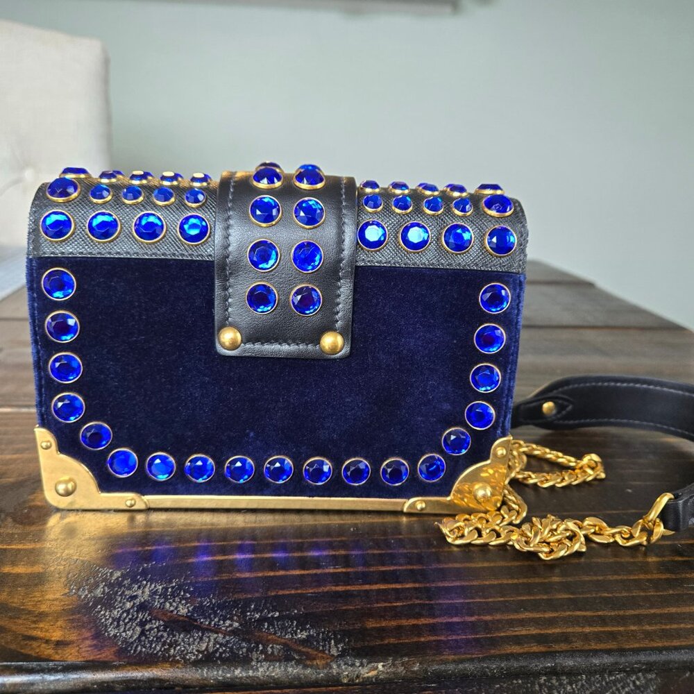 Prada Cahier Navy Blue Velvet City Calf Saffiano Leather Crystal Handbag Bag - Picture 2 of 12